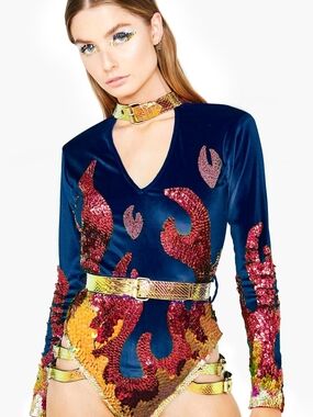 Sequin Flame-Sequin Navy Velvet Long-Sleeve Bodysuit